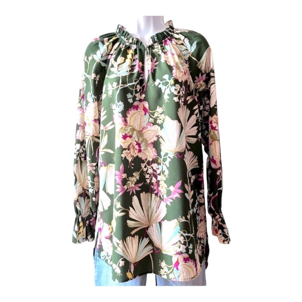 Kaari‎ Blue Green Tunic Top with Tropical Flowers Size M